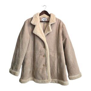 Learsi Vintage Tan Genuine Leather Suede Faux Fur Lined Coat Sz L
